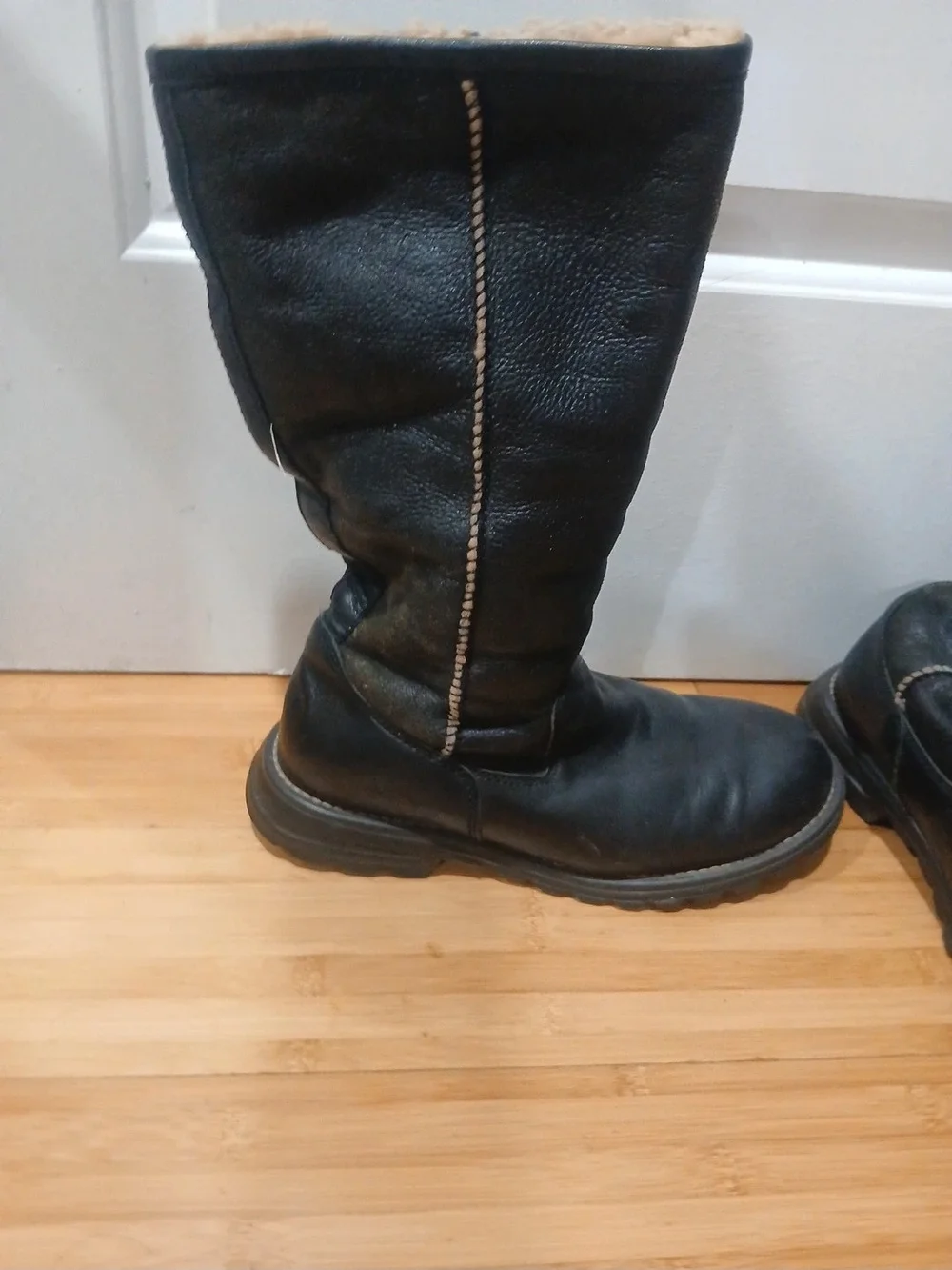 UGG Black Tall Leather Winter Boots with Shearling Trim